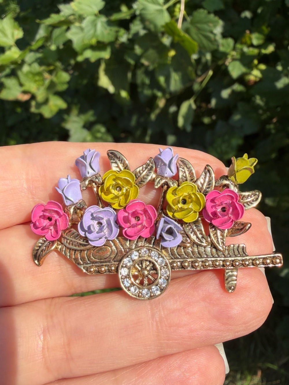 Vintage Enamel Flower Cart Wheelbarrow Brooch Rhinestone Pin